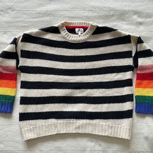 Sundry black and cream striped sweater with rainbow sleeves, size 1.